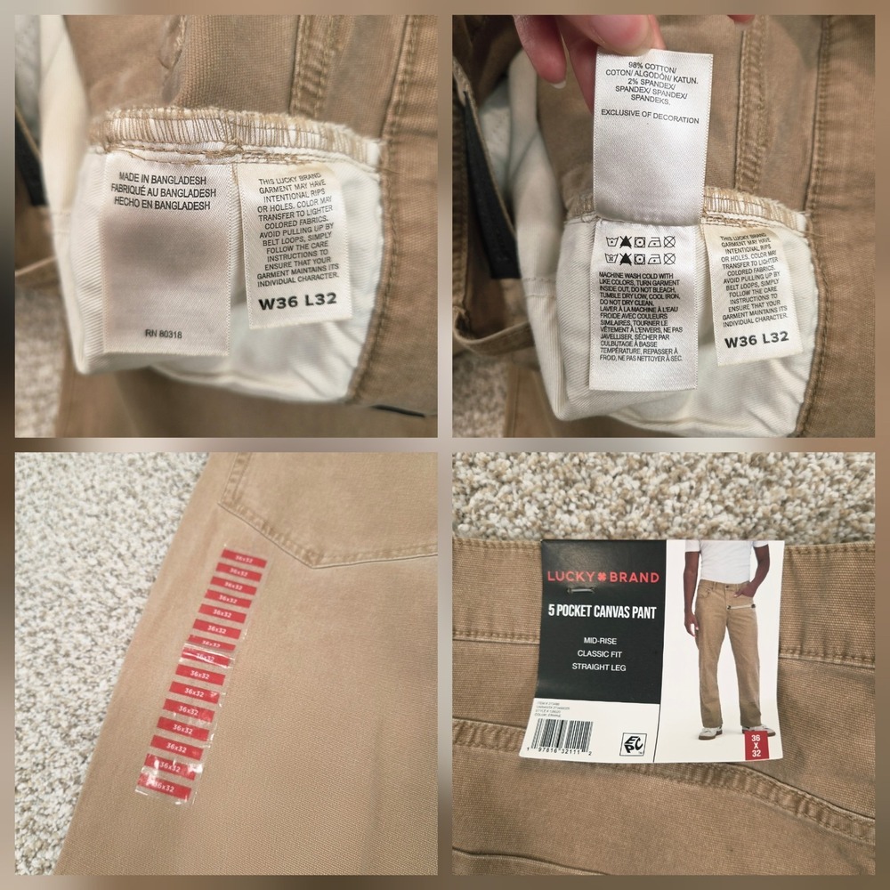NWT Lucky Brand 223 Canvas Pants Mens 36X32 Ermine Straight Leg Stretch 5 Pocket - Picture 5 of 7
